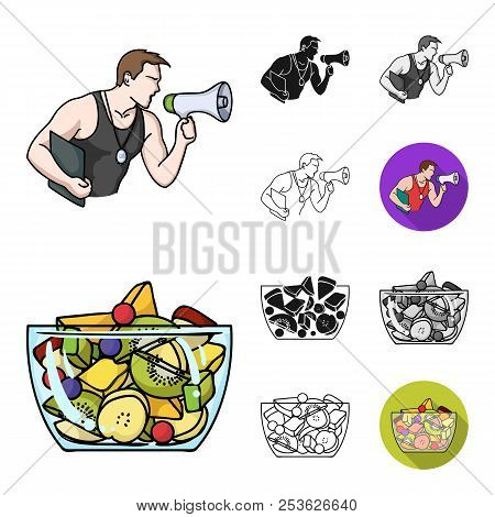Fitness And Attributes Cartoon, Black, Flat, Monochrome, Outline Icons In Set Collection For Design.
