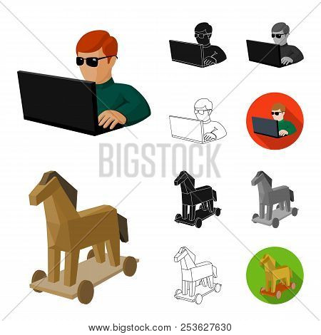 Hacker And Hacking Cartoon, Black, Flat, Monochrome, Outline Icons In Set Collection For Design. Hac