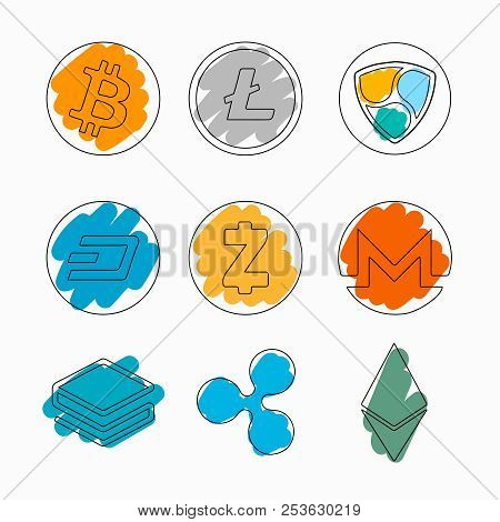 Set Of Cryptocurrencies On White Background With Color Accent. Concept Image Made With Thin Lines In