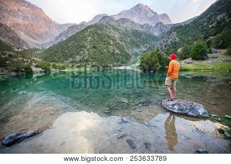 Beautiful serene lake in  Fann mountains (branch of Pamir) in Tajikistan.