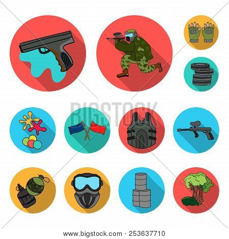 Paintball, Team Game Flat Icons In Set Collection For Design. Equipment And Outfit Vector Symbol Sto