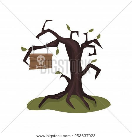 Old Bare Tree With Wooden Sign On Branch. Signboard With Skull And Bone. Landscape Element. Flat Vec