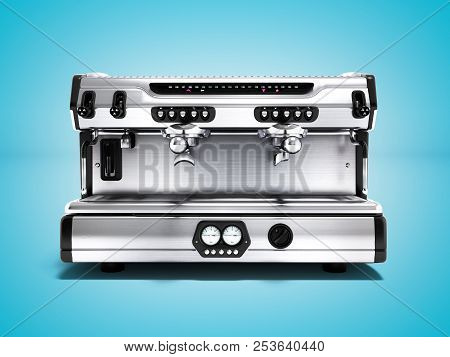 Modern Metal Professional Coffee Machine On Two Cups Front View 3d Render On Blue Background With Sh