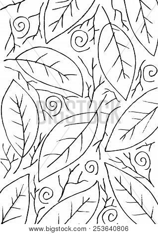 Black And White Leaves Pattern Background. Hand Drawing Illustration.