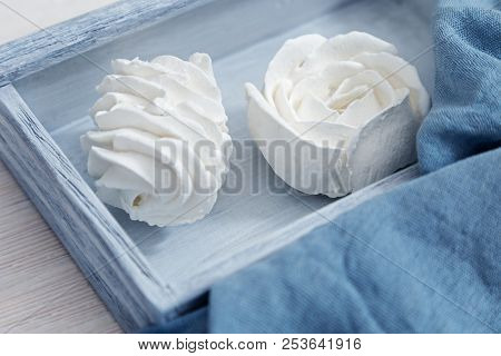 Air Sweet  Meringue Cookies. Low-calorie Dessert. Delicate Beze. Food Background. Copy Space.
