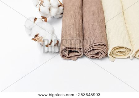Multicolored Clean Towels With A Branch Of Cotton On A White Background Top View With Copy Space. Te