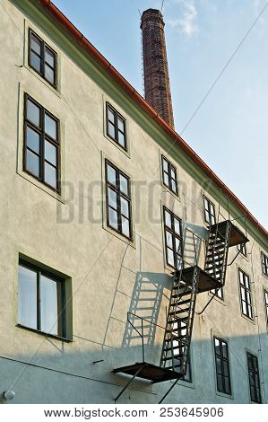 Fire Escape On The Facade Of Hops Store In Zatec Town. Czech Republic.