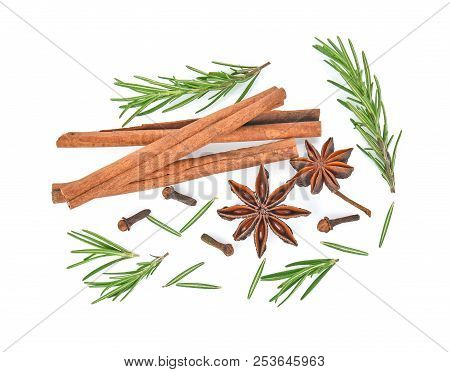Top View Of Various Herbs Or Spices Herbs On White Background