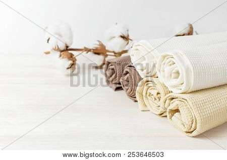 Multicolored Clean Towels With A Branch Of Cotton On A Light Wooden Background With Copy Space. Text