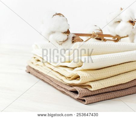Multicolored Clean Towels With A Branch Of Cotton On A Light Wooden Background With Copy Space. Text