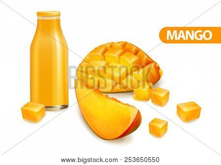Mango fruit and sliced mango cubes. Realistic background with a bottle of juice and ripe mango fruit. Raster illustration.