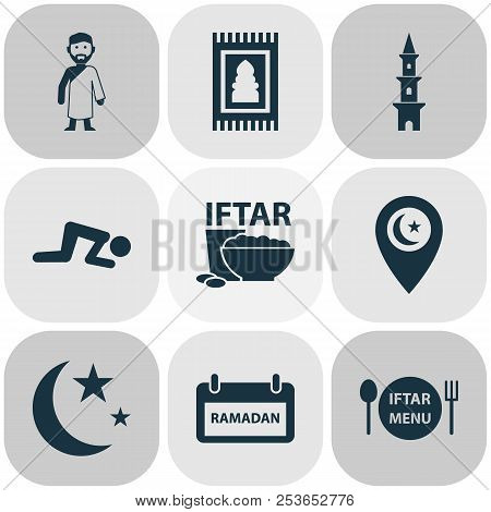 Religion Icons Set With Rug, Menu, Mubarak And Other Kareem Elements. Isolated  Illustration Religio