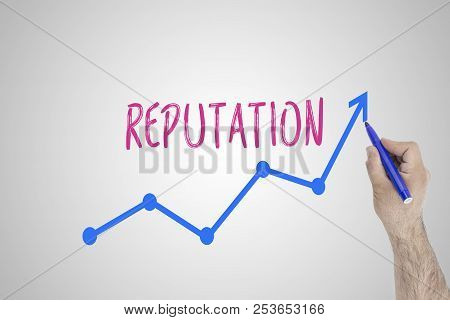 Growing Reputation Concept On White Board. Businessman Draw Accelerating Line Of Improving Reputatio