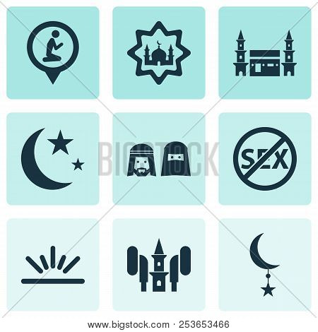 Ramadan Icons Set With People, Mecca, Location And Other Hejaz Elements. Isolated  Illustration Rama