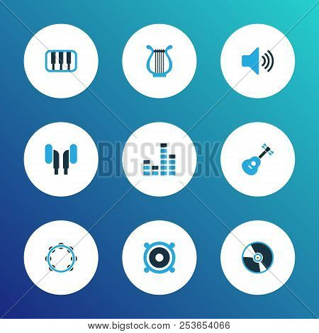 Audio Icons Colored Set With Timbrel, Lyre, Earphone And Other Guitar Elements. Isolated  Illustrati