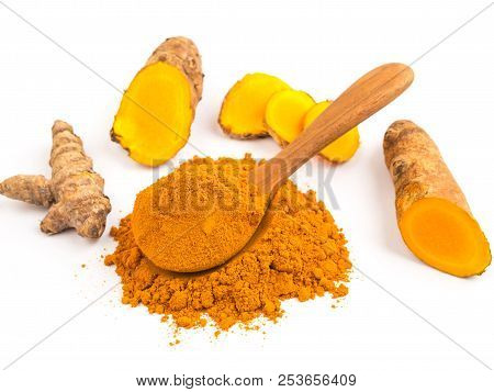 Turmeric Powder (curcuma) On White Background. Herbs