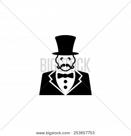 Ringmaster, Circus Ceremony Master With Hat. Flat Vector Icon Illustration. Simple Black Symbol On W
