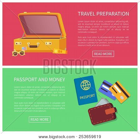 Travel Planning Web Page Set And Headline, Text Sample Passport, Money Credit Cards, Luggage With Gl