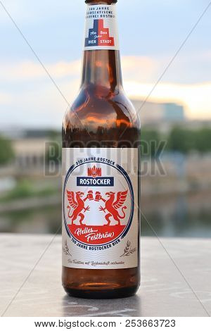 Dresden, Germany - May 10, 2018: Rostocker Helles Festbrau Beer Bottle In Dresden. 1,300 Breweries I