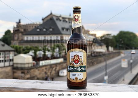 Dresden, Germany - May 10, 2018: Feldschlosschen Pilsner Beer Bottle In Dresden. 1,300 Breweries In 