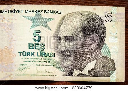 Close Up Turkish Lira Bills On Wooden Table, Turkish Lira (turkish Turk Parasi), High Exchange Rate 