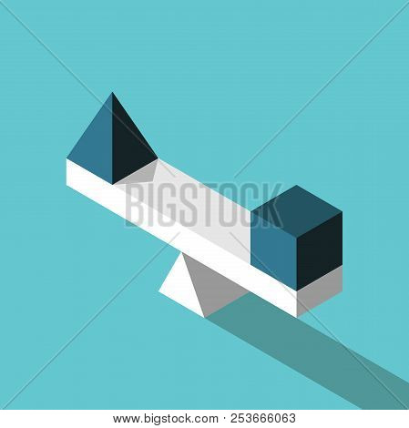 Blue Isometric Pyramid And Cube On Seesaw Weight Scale On Turquoise Background. Balance, Harmony And
