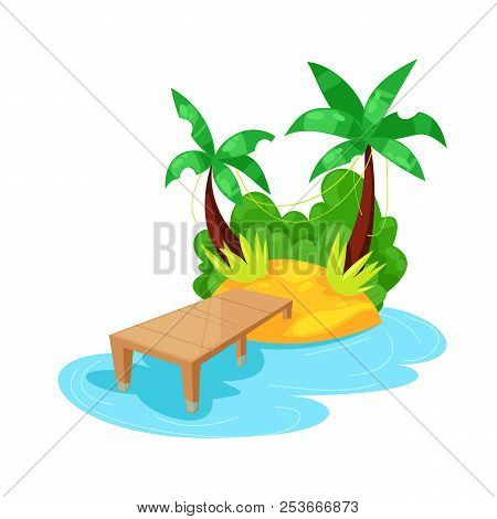Tropical Island In Ocean With Palm Tree, Beach With Berth.