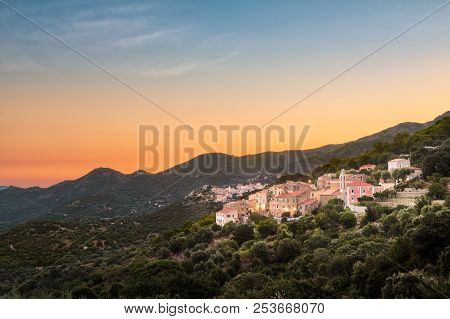 Sunrise Over The Village Of Costa In Balagne Region Of Corsica