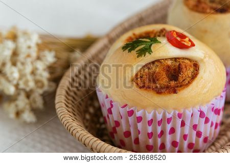 Homemade Soft And Sticky Bun Filled With Dried Shredded Pork On Wood Basket. Soft White Bread With P