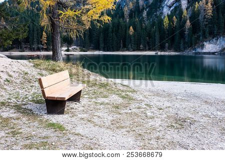 Lake Braies, Lago Di Braies At Autumn Sunny Day. Beautiful Landscape Scene Of Braies Lake. Italy, Do