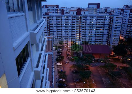 Singapore Public Housing Hdb Flats.  Landscape At Night