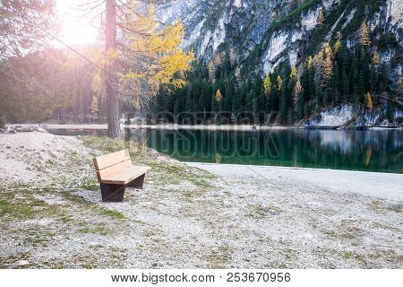 Lake Braies, Lago Di Braies At Autumn Sunny Day. Beautiful Landscape Scene Of Braies Lake. Italy, Do