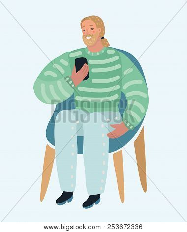 Bearded Man. Smiling Hipster Making Selfie On Cell Phone, Sitting On Chair. Guy With Smartphone. Vec
