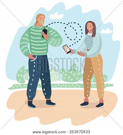 Dating Application On Mobile Phone As Concept. Couple Of Guy And Girl Is Sending Each Other To Smart