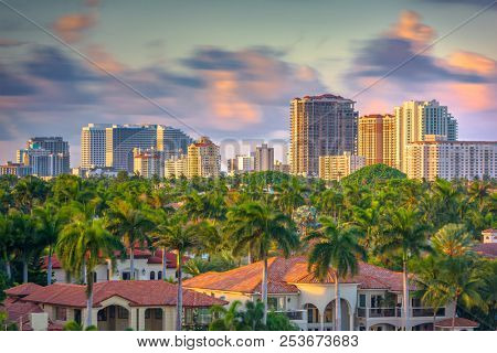 Fort Lauderdale, Florida, USA skyline and river at dusk.