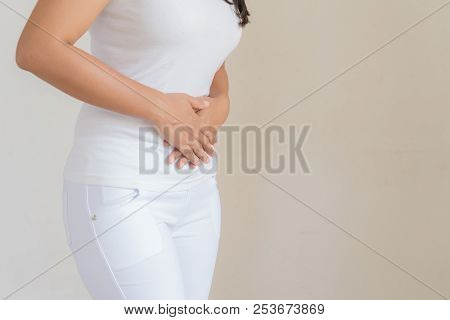 Young Woman Having Painful Stomachache. Chronic Gastritis. Abdomen Bloating Concept.