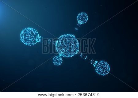 Digital Atoms Structure. Science Or Medical Background With Molecules And Atoms. Low Polygonal Grid 