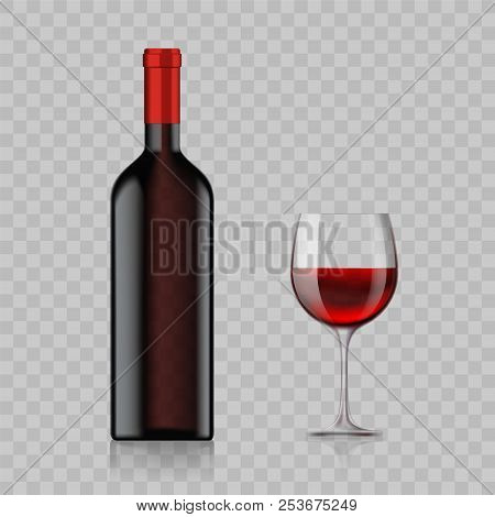 Blank Bottle With Alcoholic Drink And Wine Glass Isolated On A Transparent Background. Stock Vector 