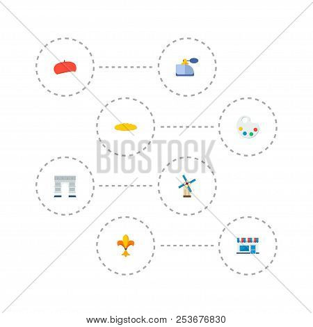 Set Of Country Icons Flat Style Symbols With Triumphal Arch, Moulin Rouge, Cafe And Other Icons For 