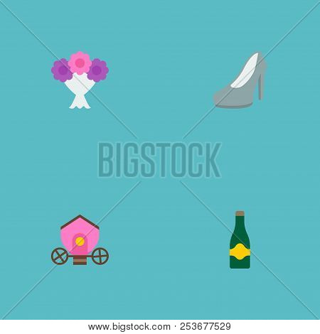 Set Of Engagement Icons Flat Style Symbols With Bouquet, Brougham, Heeled Shoes And Other Icons For 