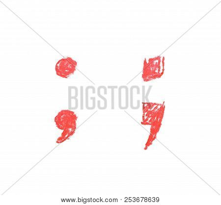 Hand Drawn With The Colorful Chalks Semicolon Symbol Isolated Over The White Background, Set Of Two 