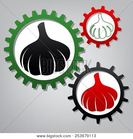 Garlic Simple Sign. Vector. Three Connected Gears With Icons At