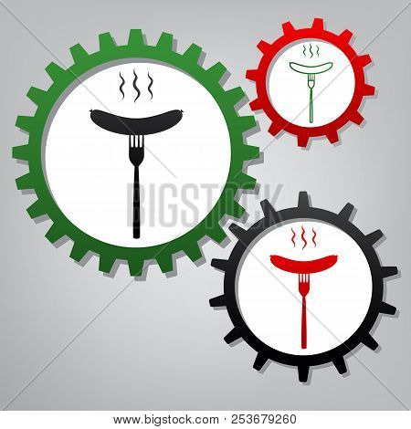 Sausage On Fork Sign. Vector. Three Connected Gears With Icons A