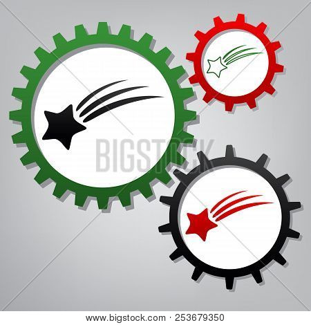 Meteor Shower Sign. Vector. Three Connected Gears With Icons At