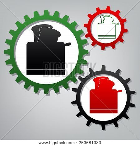 Toaster Simple Sign. Vector. Three Connected Gears With Icons At