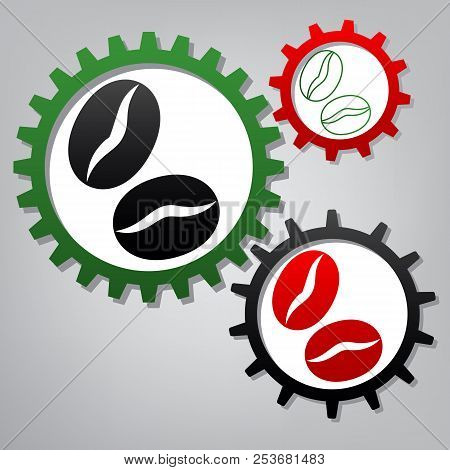 Coffee Beans Sign. Vector. Three Connected Gears With Icons At G