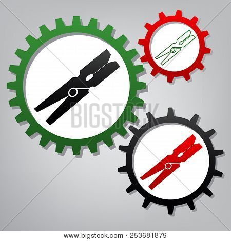 Clothes Peg Sign. Vector. Three Connected Gears With Icons At Gr