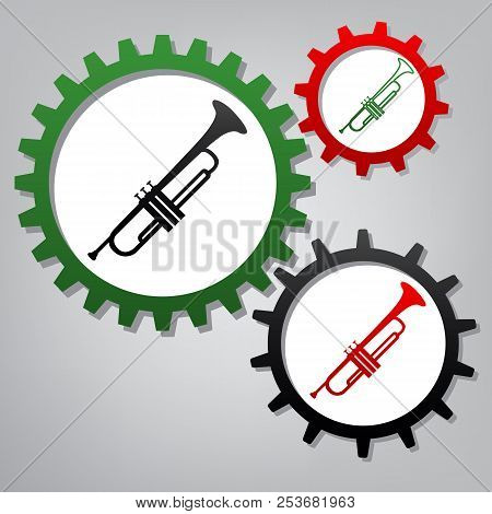 Musical Instrument Trumpet Sign. Vector. Three Connected Gears W