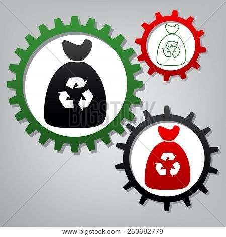 Trash Bag Icon. Vector. Three Connected Gears With Icons At Gray