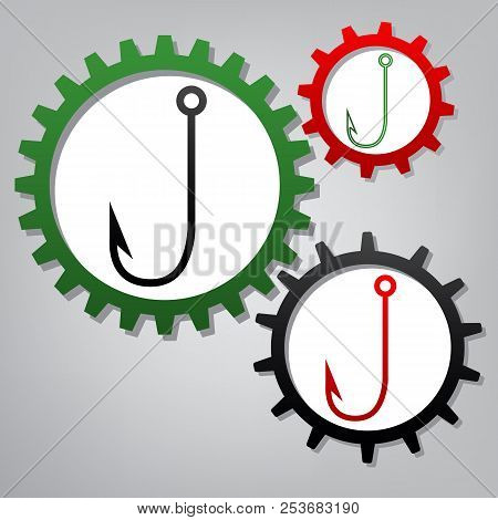 Fishing Hook Sign Illustration. Vector. Three Connected Gears Wi